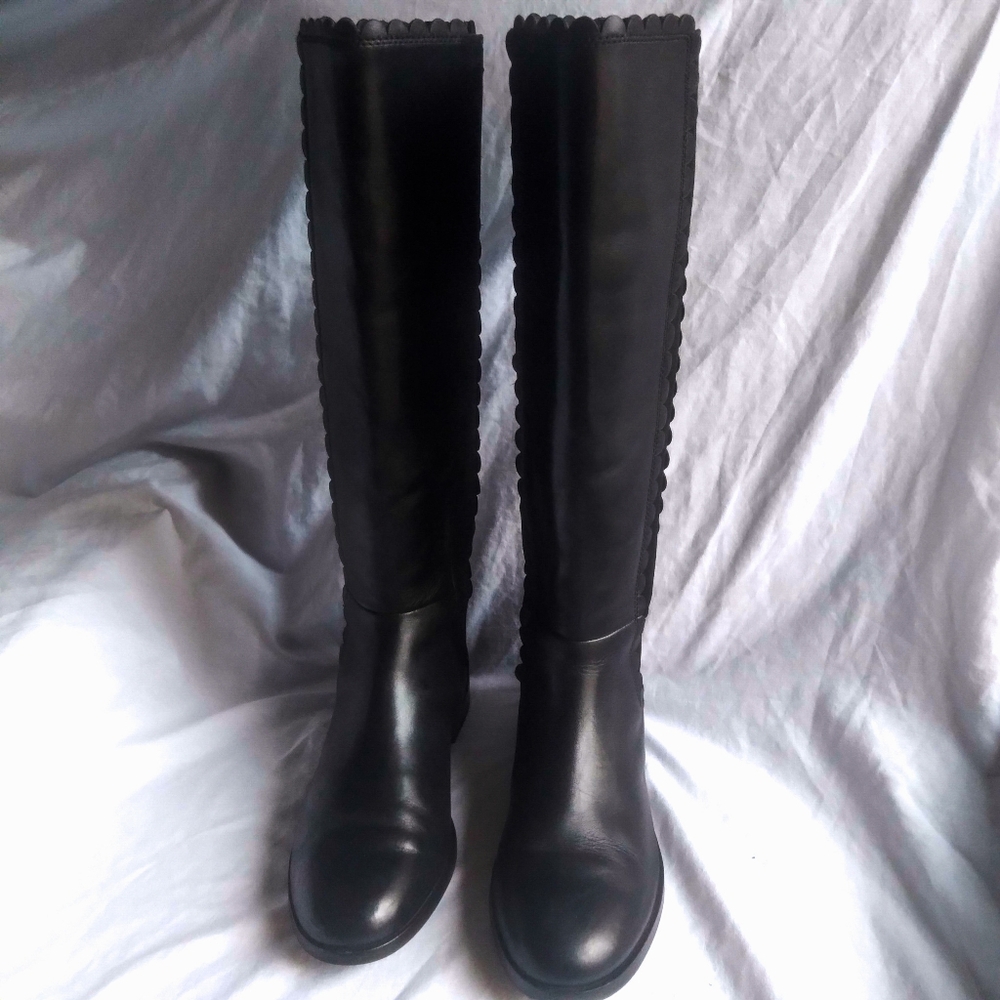 Kate Spade Rayna Black Leather Tall Boots Scalloped Logo Elastic Calf Wo…
